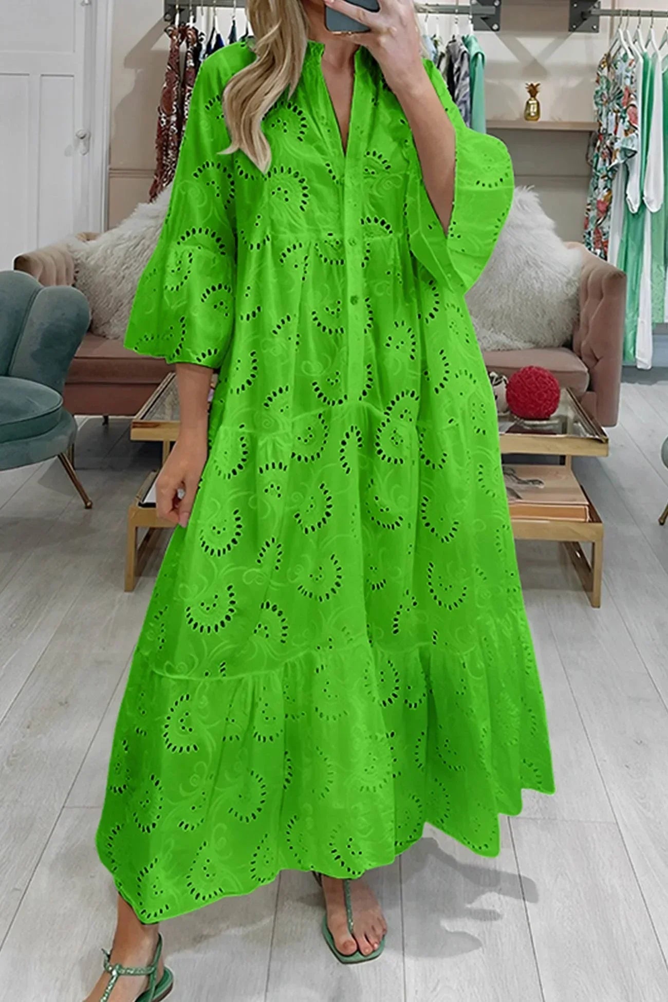 Women's Bohemian Eyelet Embroidered V-Neck Tiered Maxi Dress