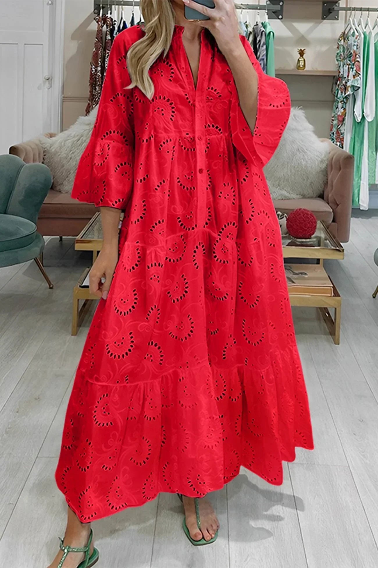 Women's Bohemian Eyelet Embroidered V-Neck Tiered Maxi Dress
