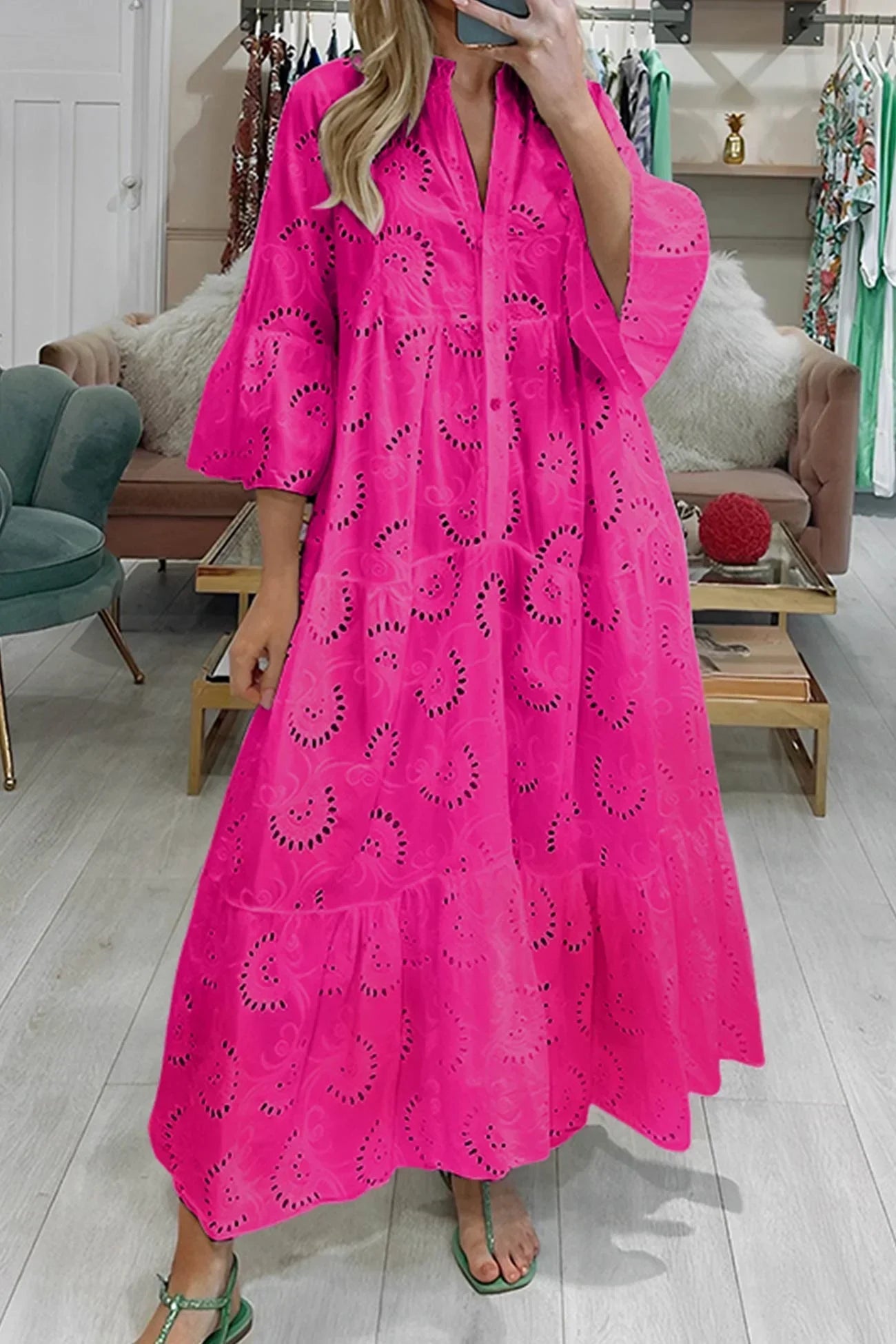 Women's Bohemian Eyelet Embroidered V-Neck Tiered Maxi Dress