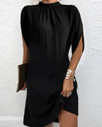 Women's Elegant Pleated Mock Neck Batwing Sleeve Mini Dress