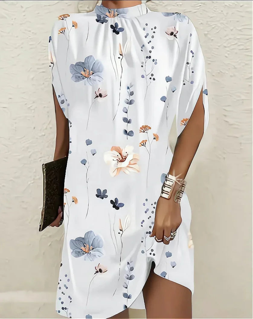 Women's Elegant Pleated Mock Neck Batwing Sleeve Mini Dress