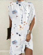 Women's Elegant Pleated Mock Neck Batwing Sleeve Mini Dress