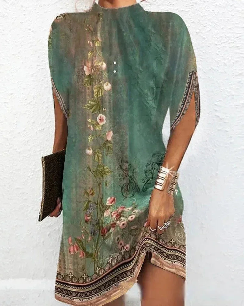 Women's Elegant Pleated Mock Neck Batwing Sleeve Mini Dress