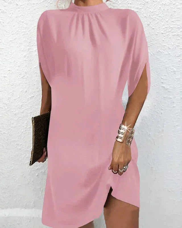 Women's Elegant Pleated Mock Neck Batwing Sleeve Mini Dress
