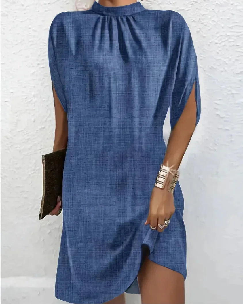 Women's Elegant Pleated Mock Neck Batwing Sleeve Mini Dress
