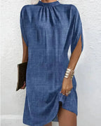 Women's Elegant Pleated Mock Neck Batwing Sleeve Mini Dress