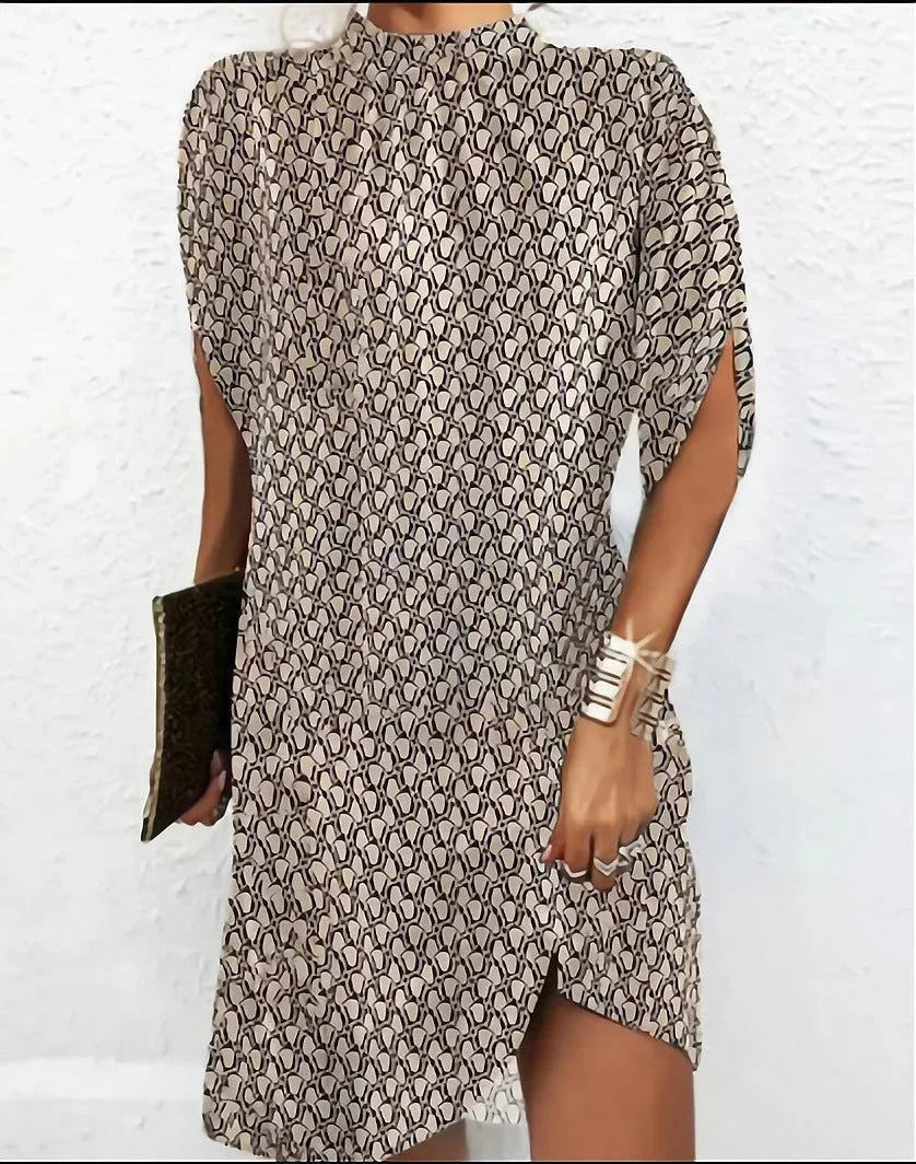 Women's Elegant Pleated Mock Neck Batwing Sleeve Mini Dress