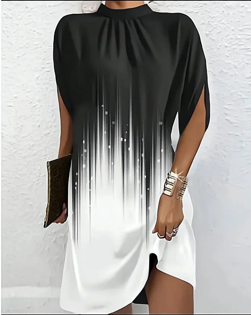 Women's Elegant Pleated Mock Neck Batwing Sleeve Mini Dress