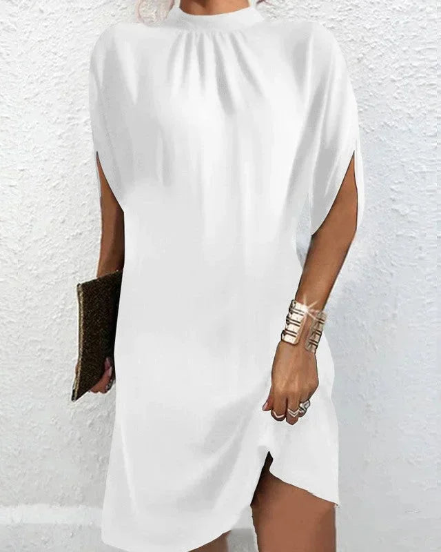Women's Elegant Pleated Mock Neck Batwing Sleeve Mini Dress