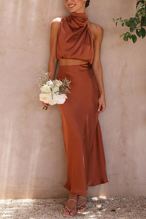Women's Satin Two-Piece Set with Halter Top and Maxi Skirt for Elegant Occasions