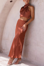 Damen Satin Zweiteiler mit Neckholder-Top und Maxirock für elegante Anlässe