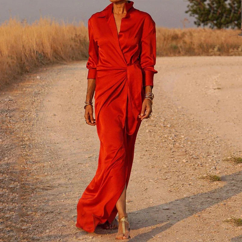 Maxikleid für Damen mit Wickeldesign und Kragen für elegante Anlässe