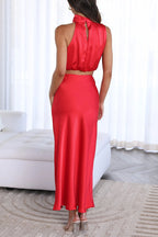 Damen Satin Zweiteiler mit Neckholder-Top und Maxirock für elegante Anlässe