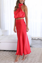 Damen Satin Zweiteiler mit Neckholder-Top und Maxirock für elegante Anlässe