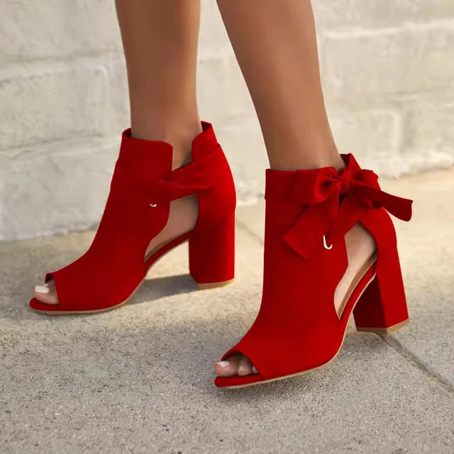 Women's Peep-Toe Ankle Boots with Block Heel and Side Tie for Elegant Wear