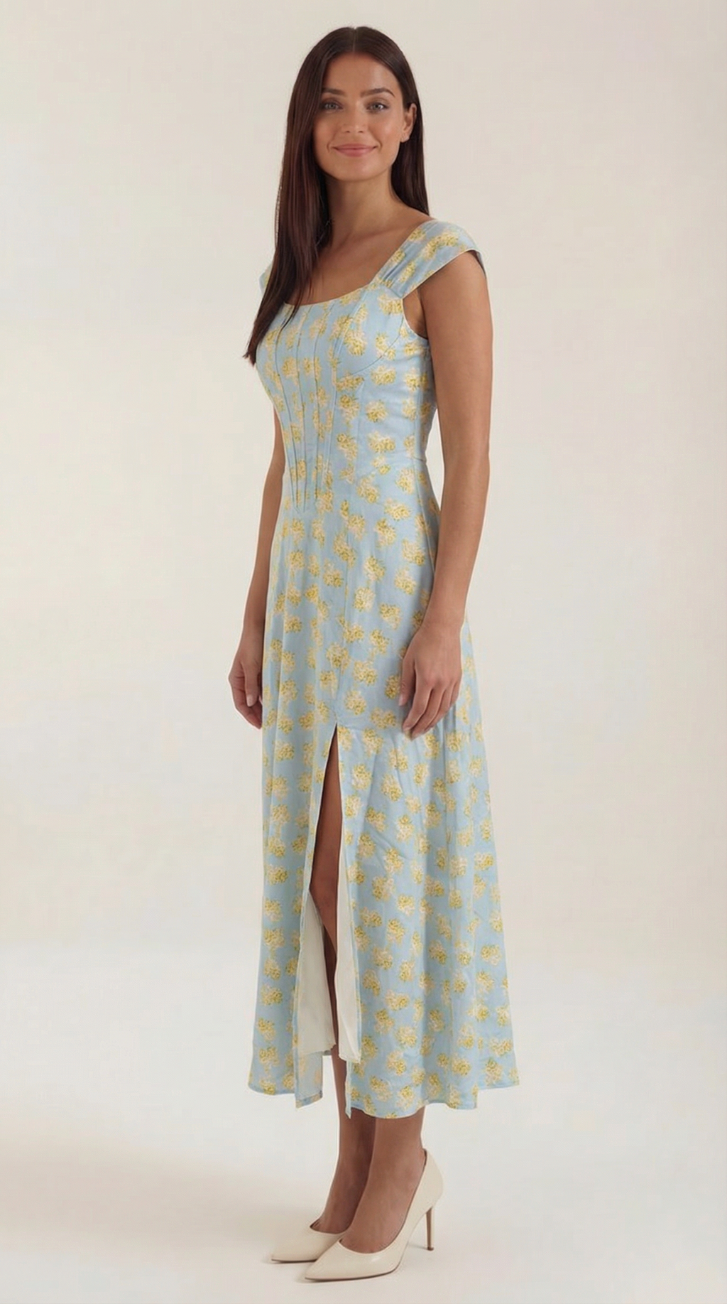 Damen Midi-Kleid mit Blumenmuster, strukturiertem Oberteil und A-Linien-Rock