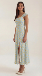 Damen Midi-Kleid mit Blumenmuster, strukturiertem Oberteil und A-Linien-Rock