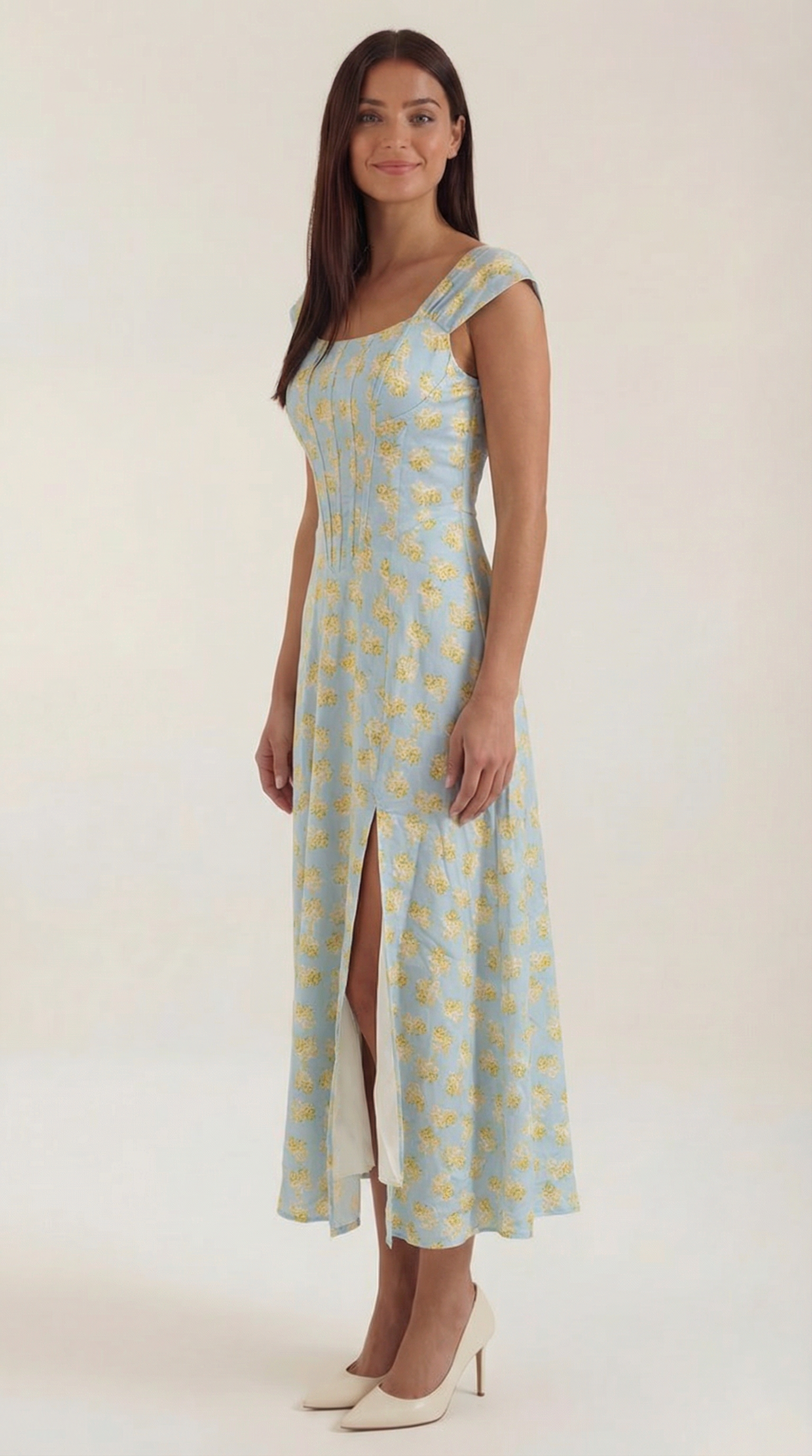 Damen Midi-Kleid mit Blumenmuster, strukturiertem Oberteil und A-Linien-Rock