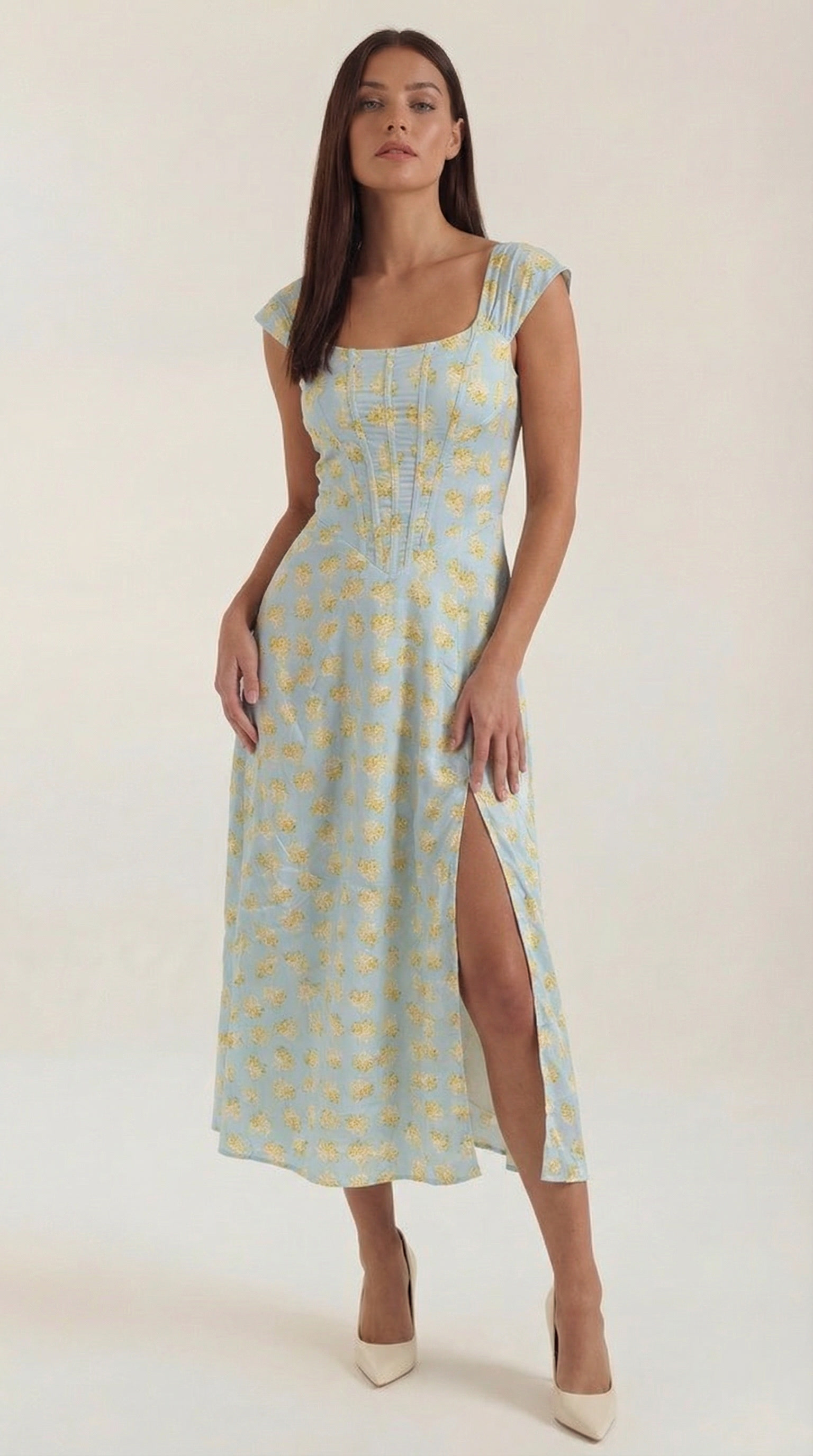 Damen Midi-Kleid mit Blumenmuster, strukturiertem Oberteil und A-Linien-Rock
