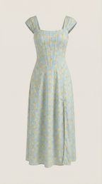 Damen Midi-Kleid mit Blumenmuster, strukturiertem Oberteil und A-Linien-Rock