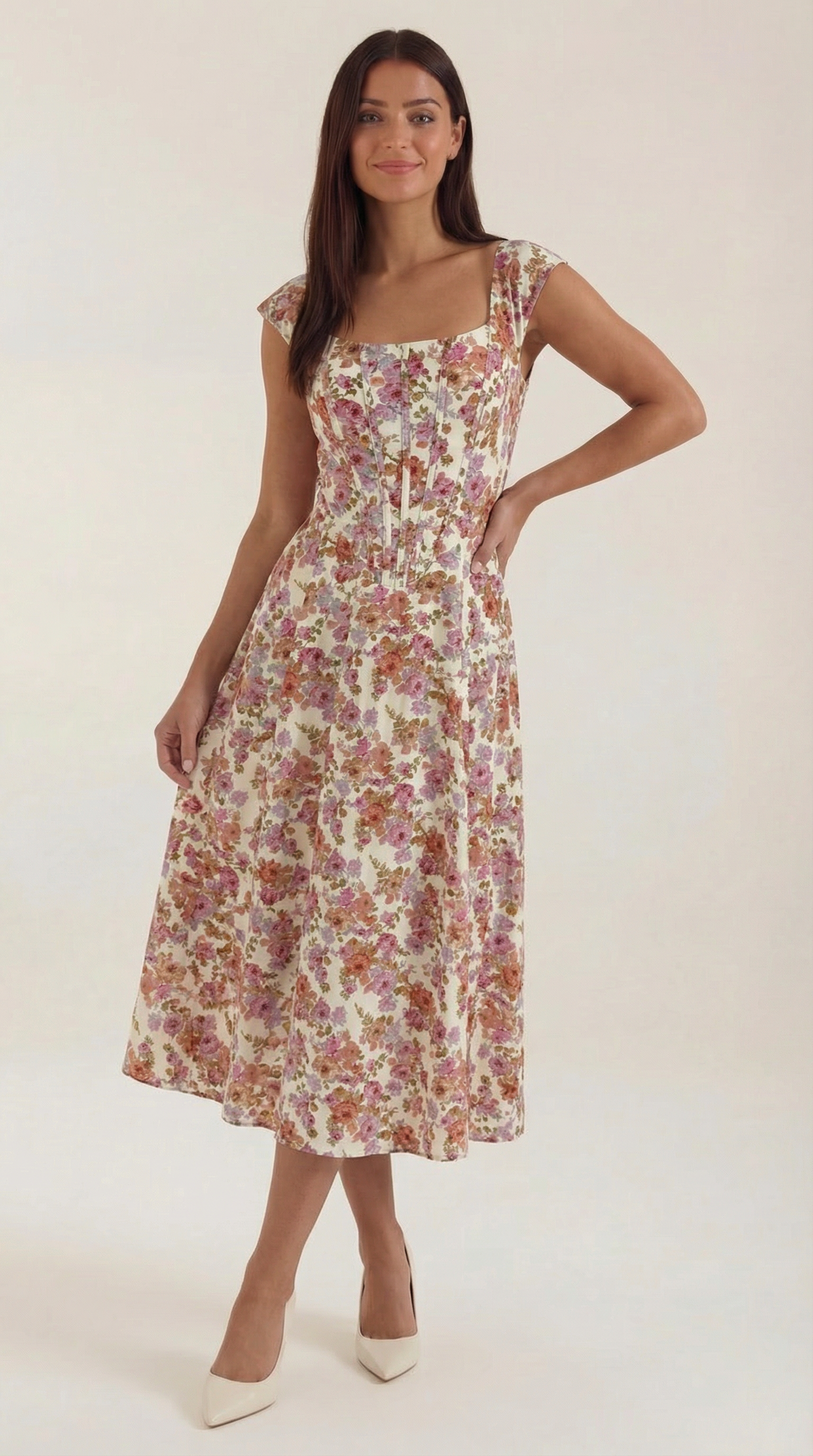Damen Midi-Kleid mit Blumenmuster, strukturiertem Oberteil und A-Linien-Rock