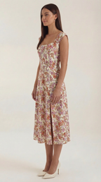 Damen Midi-Kleid mit Blumenmuster, strukturiertem Oberteil und A-Linien-Rock