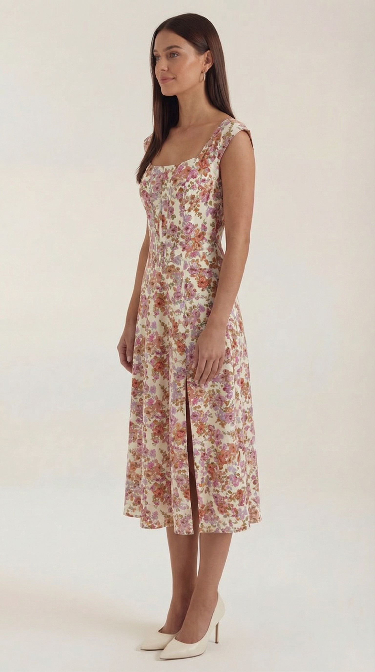 Damen Midi-Kleid mit Blumenmuster, strukturiertem Oberteil und A-Linien-Rock