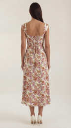Damen Midi-Kleid mit Blumenmuster, strukturiertem Oberteil und A-Linien-Rock