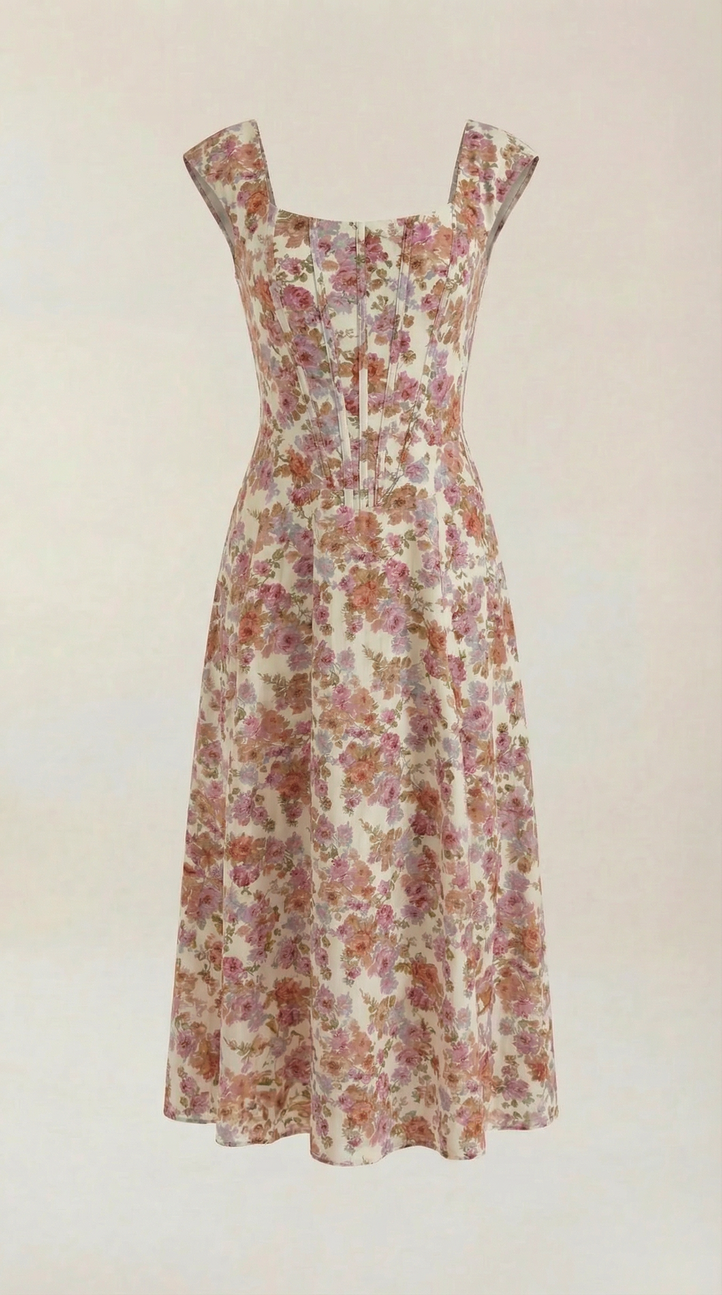 Damen Midi-Kleid mit Blumenmuster, strukturiertem Oberteil und A-Linien-Rock