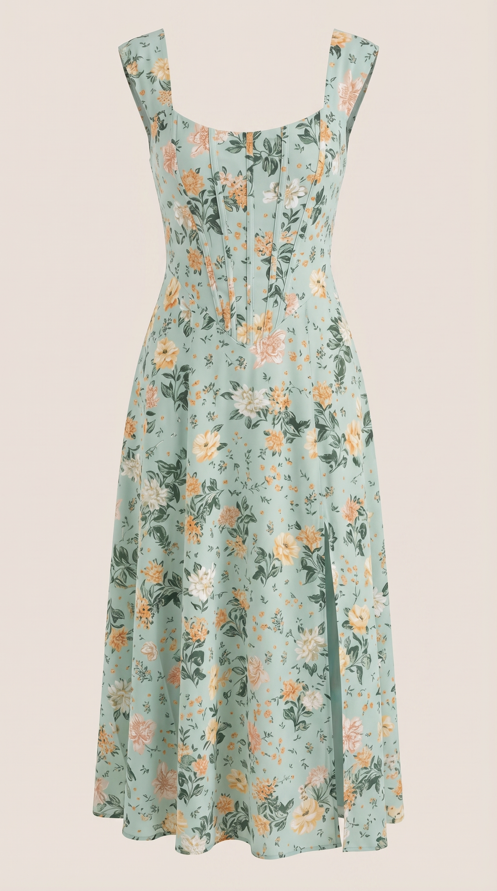 Damen Midi-Kleid mit Blumenmuster, strukturiertem Oberteil und A-Linien-Rock