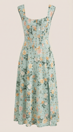 Damen Midi-Kleid mit Blumenmuster, strukturiertem Oberteil und A-Linien-Rock