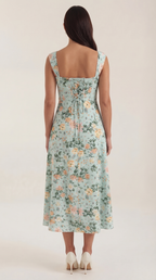 Damen Midi-Kleid mit Blumenmuster, strukturiertem Oberteil und A-Linien-Rock