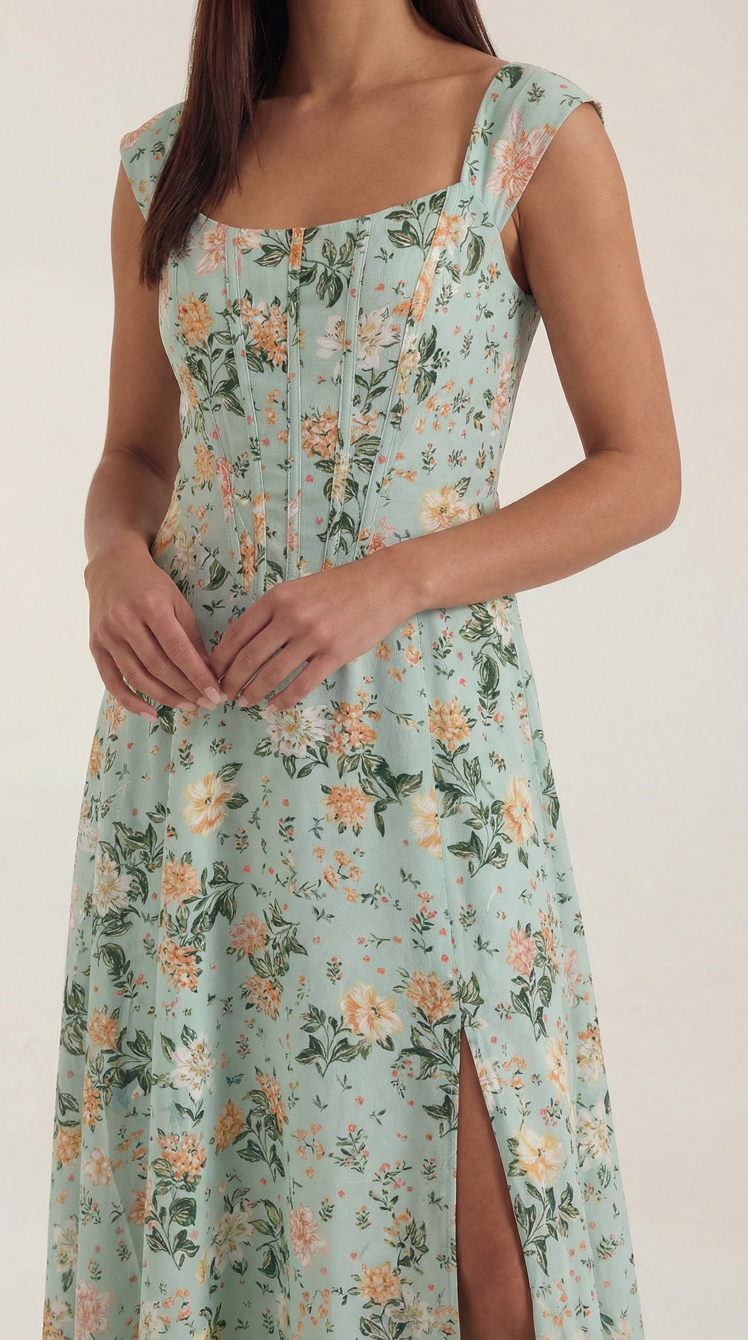 Damen Midi-Kleid mit Blumenmuster, strukturiertem Oberteil und A-Linien-Rock