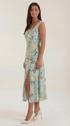 Damen Midi-Kleid mit Blumenmuster, strukturiertem Oberteil und A-Linien-Rock