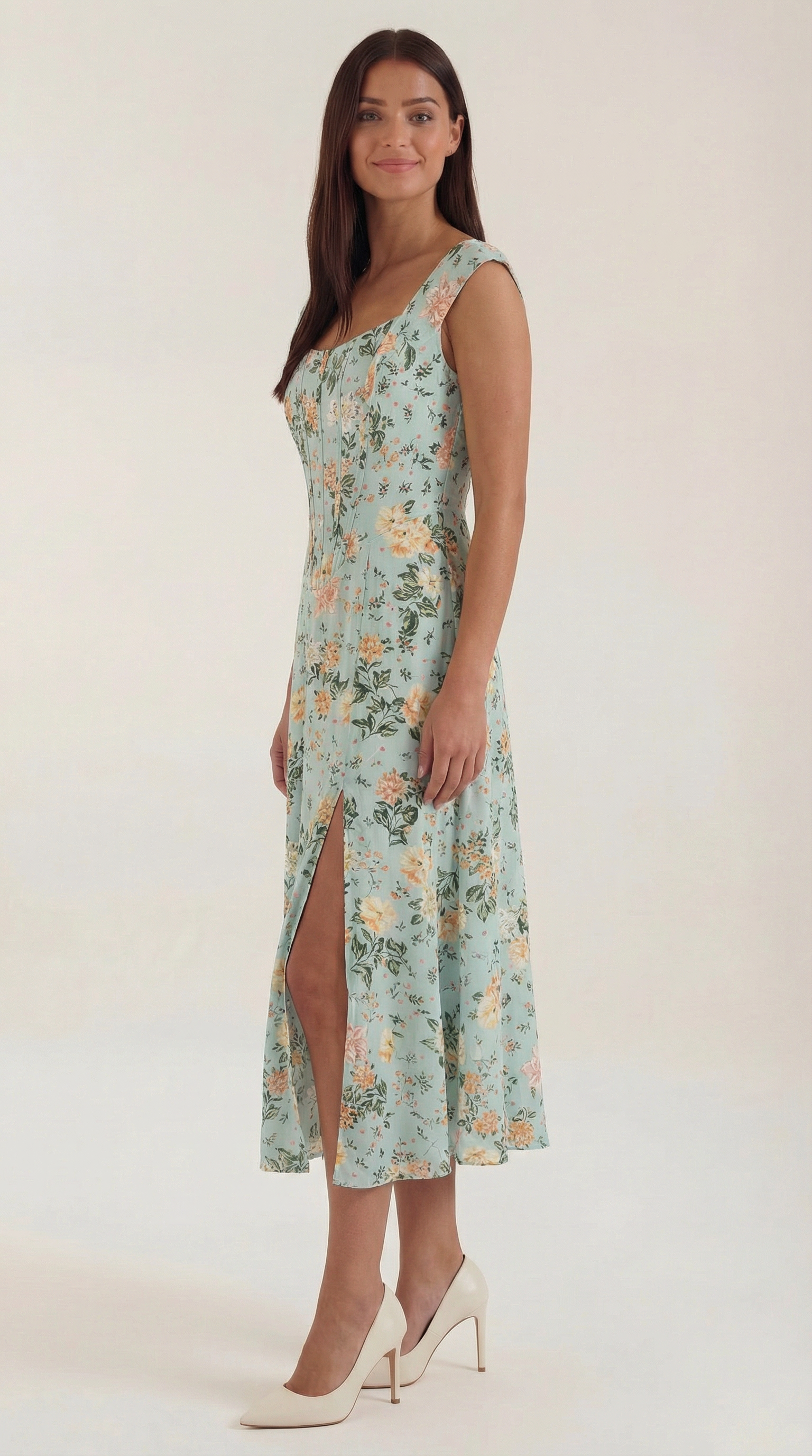 Damen Midi-Kleid mit Blumenmuster, strukturiertem Oberteil und A-Linien-Rock