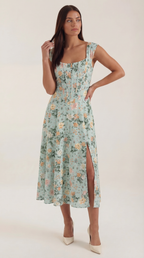 Damen Midi-Kleid mit Blumenmuster, strukturiertem Oberteil und A-Linien-Rock