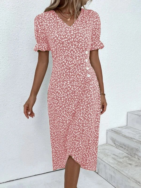 Robe midi portefeuille à imprimé floral pour femme avec détail de boutons sur le côté