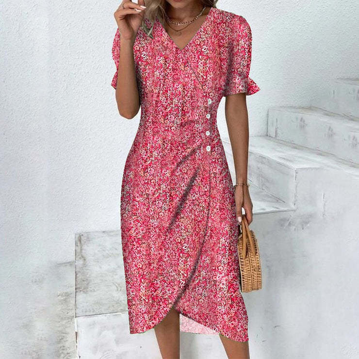 Robe midi portefeuille à imprimé floral pour femme avec détail de boutons sur le côté