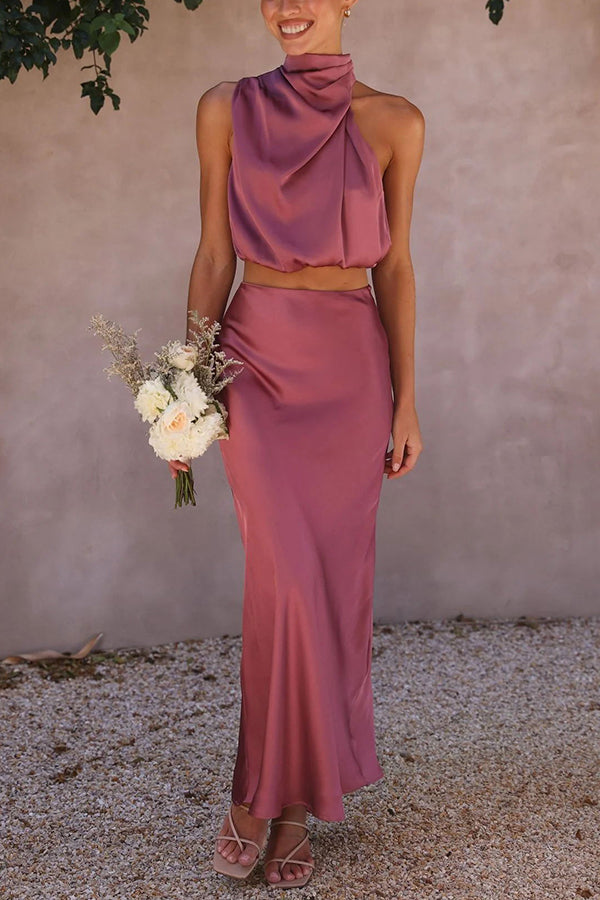 Women's Satin Two-Piece Set with Halter Top and Maxi Skirt for Elegant Occasions