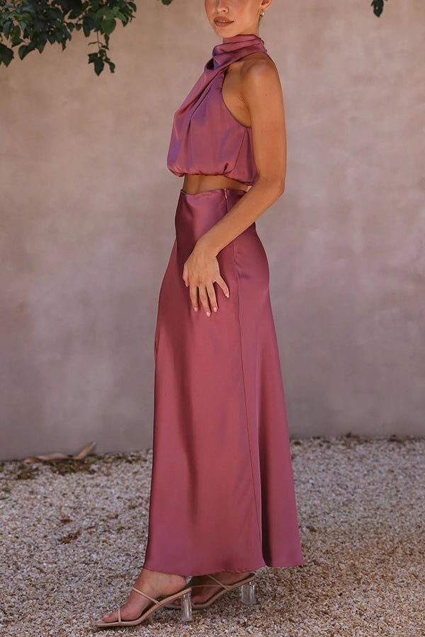 Damen Satin Zweiteiler mit Neckholder-Top und Maxirock für elegante Anlässe