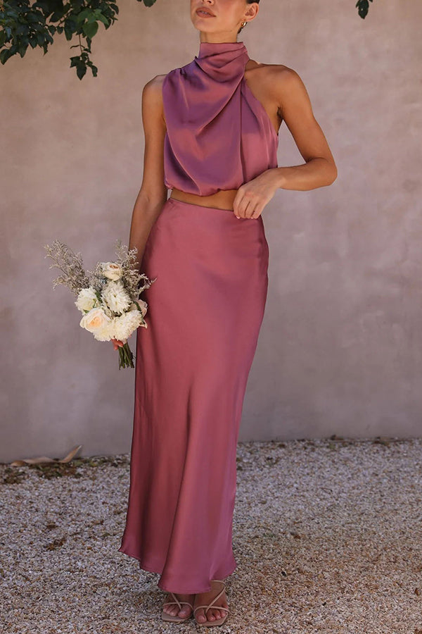 Damen Satin Zweiteiler mit Neckholder-Top und Maxirock für elegante Anlässe