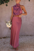 Damen Satin Zweiteiler mit Neckholder-Top und Maxirock für elegante Anlässe