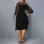 Women's Lace Sleeve Midi Dress with Layered Hem for Elegant Occasions