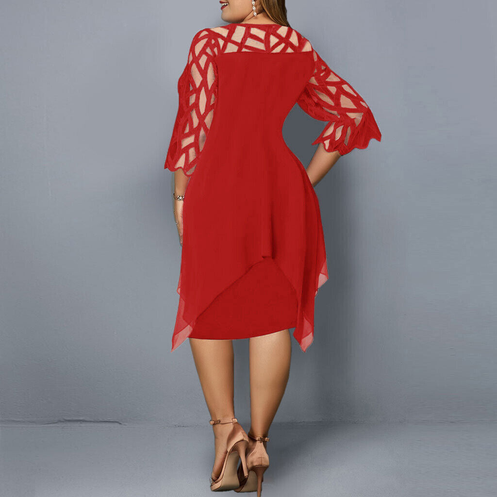 Women's Lace Sleeve Midi Dress with Layered Hem for Elegant Occasions