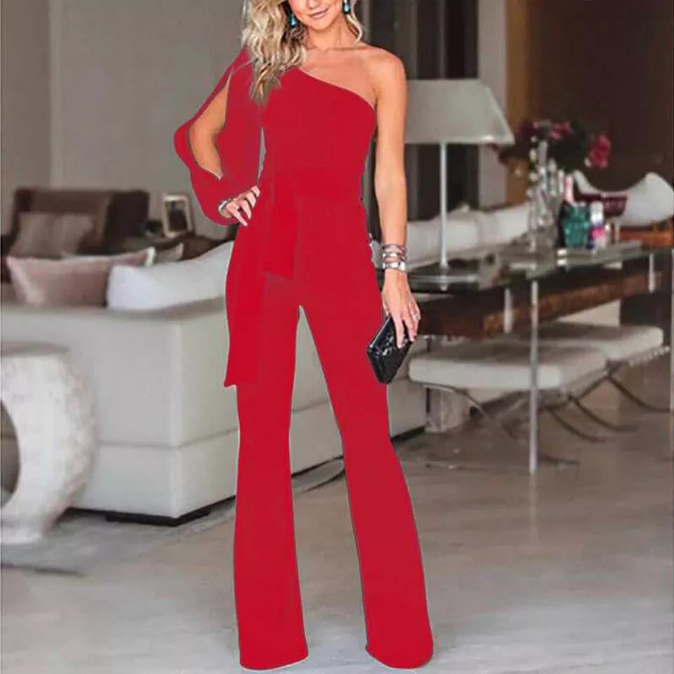 Women's One-Shoulder Wide-Leg Jumpsuit with Waist Tie for Elegant Occasions