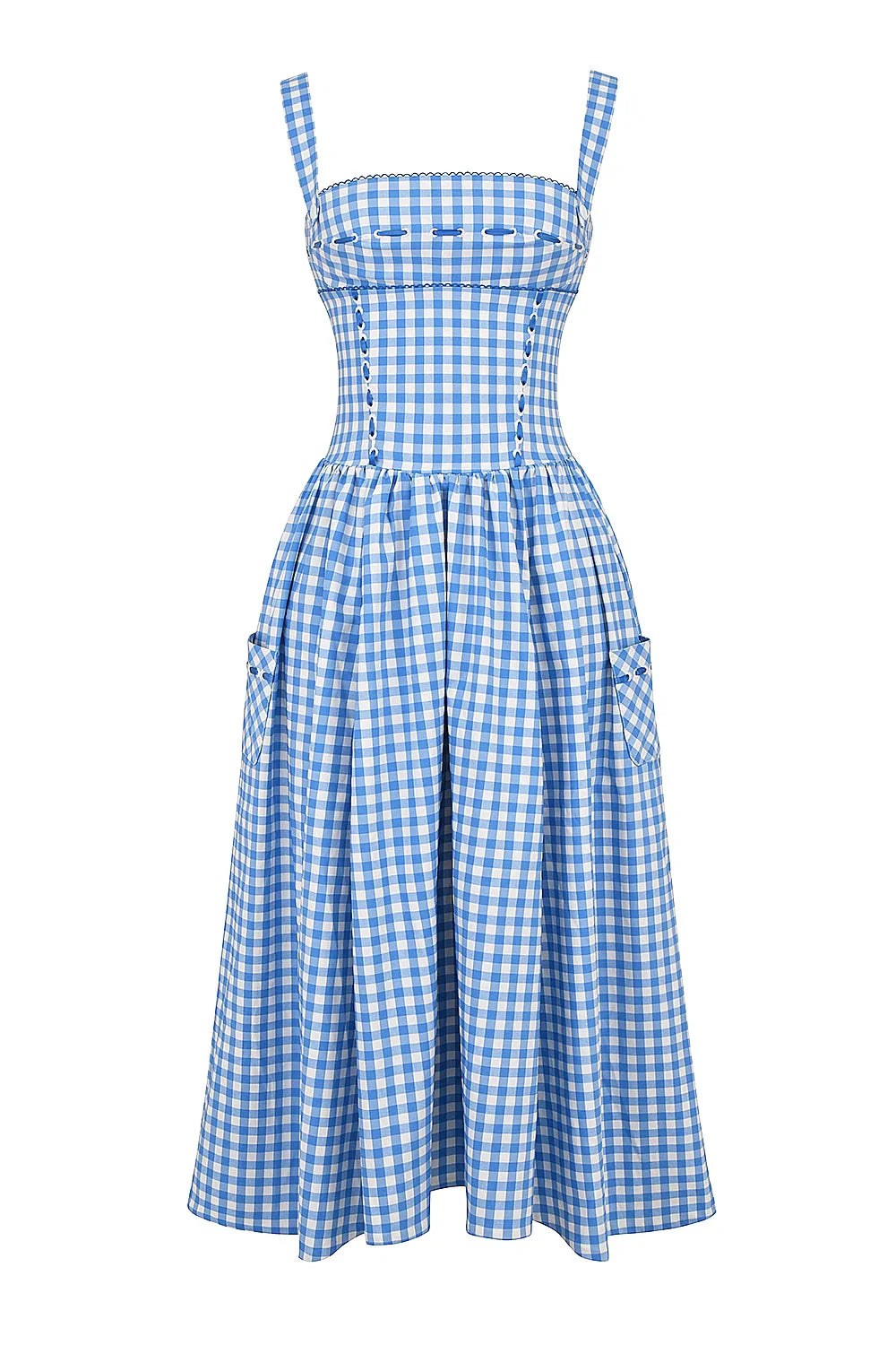Elegantes Gingham Midikleid mit strukturiertem Oberteil und fließendem Rock