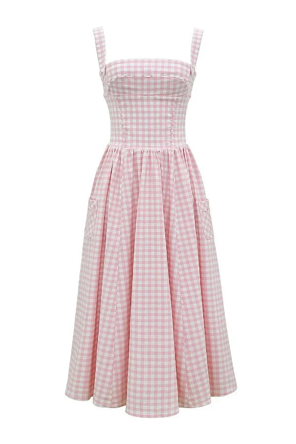Elegantes Gingham Midikleid mit strukturiertem Oberteil und fließendem Rock