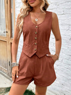 Minimalistisches Damen-Zweiteiler-Set mit ärmellosem Rundhalsausschnitt und Shorts für bequeme und mühelose Alltagskleidung