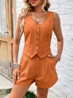 Minimalistisches Damen-Zweiteiler-Set mit ärmellosem Rundhalsausschnitt und Shorts für bequeme und mühelose Alltagskleidung