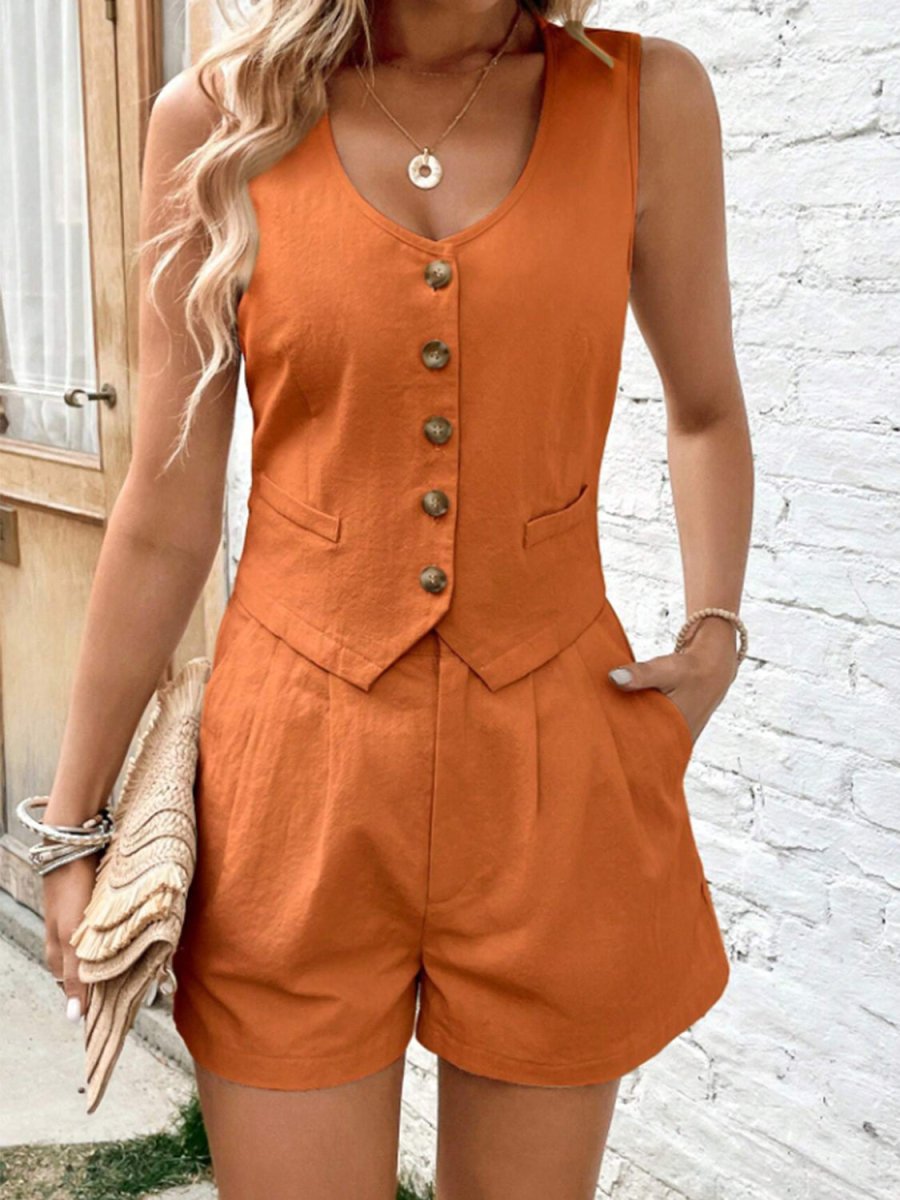 Minimalistisches Damen-Zweiteiler-Set mit ärmellosem Rundhalsausschnitt und Shorts für bequeme und mühelose Alltagskleidung